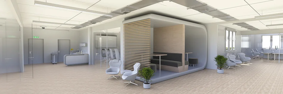 Modernes und helles Großraumbüro mit Konferenztisch, Ruheecken und Schallschutz.