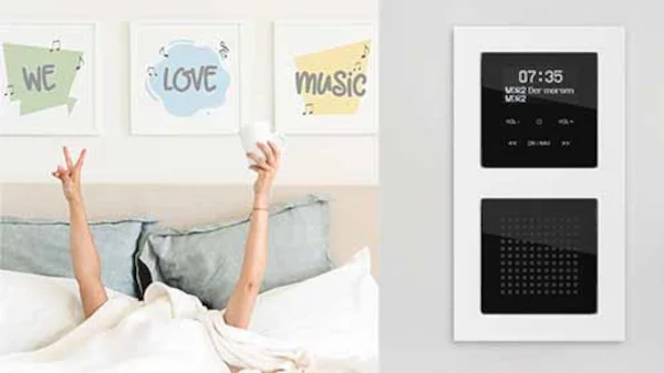 Fotomontage. Links eine Person im Bett mit Bettdecke, die Hände nach oben gestreckt. Rechts zwei Frontalansichten eines Displays eines DAB Radios.
