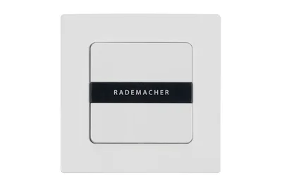 Rademacher Wandtaster in Weiß mit schwarzem Balken in der Mitte vor weißem Hintergrund.
