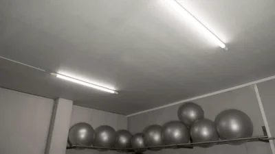 Das Bild zeigt die Decke eines Raumes mit Leuchten der Serie MISTRALsmart. Auf einem schmalen Metallbrett liegen silberne Bälle in verschiedenen Größen.