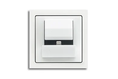 Das Bild zeigt ein weißes Busch-powerDock in einem weißen Schalterrahmen.
