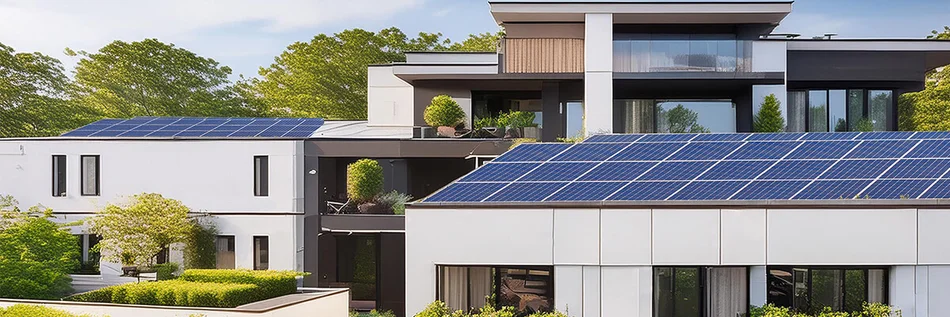 Das Bild zeigt Photovoltaik-Module auf modernen Wohnhäusern.