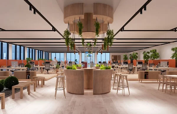 Ein modernes Büro mit Holzelementen, Pflanzen und offenen Arbeitsplätzen. In der Mitte befindet sich ein runder Stehtisch mit Hockern, darüber hängen Pflanzen von der Decke. Auch hier ist ein lineares Leuchtensystem an der Decke montiert.