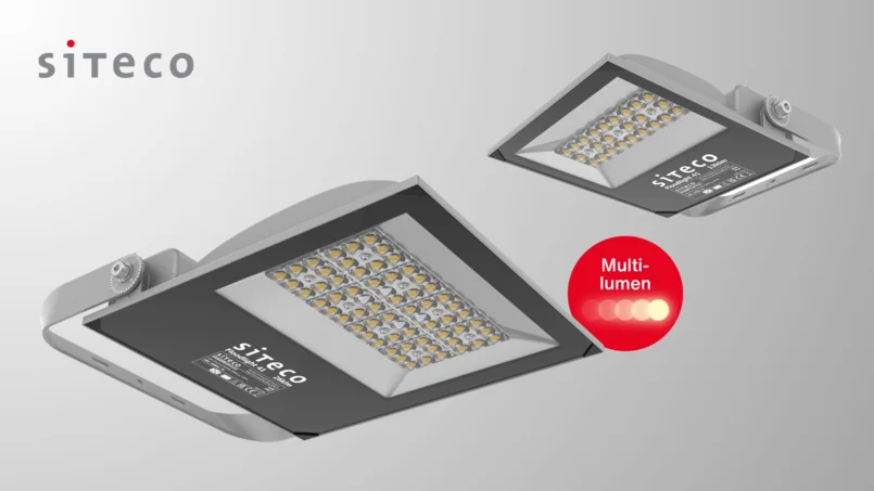 Das Bild zeigt zwei moderne LED-Fluter der Marke Siteco mit Multi-Lumen-Technologie vor grauem Hintergrund.