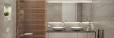 Blick auf einen Badezimmerspiegel mit zwei Waschbecken und Einbaustrahlern.