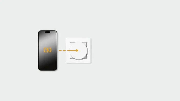 Das Bild zeigt ein Smartphone mit Batteriesymbol neben einem runden Wandschalter oder Ladepad. Ein Pfeil zwischen beiden deutet auf eine kabellose oder magnetische Energieübertragung bzw. Ladefunktion hin.