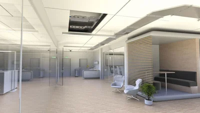 Modernes und helles Großraumbüro mit Konferenztisch, Ruheecken und Schallschutz.