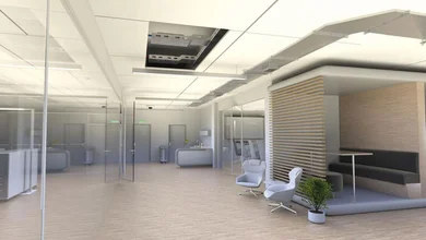 Modernes und helles Großraumbüro mit Konferenztisch, Ruheecken und Schallschutz.