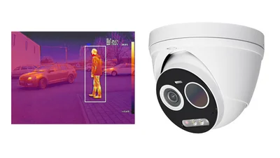 Das Bild zeigt links eine Wärmekamera-Ansicht, in der ein Mensch hervorgehoben ist, und rechts eine moderne Überwachungskamera