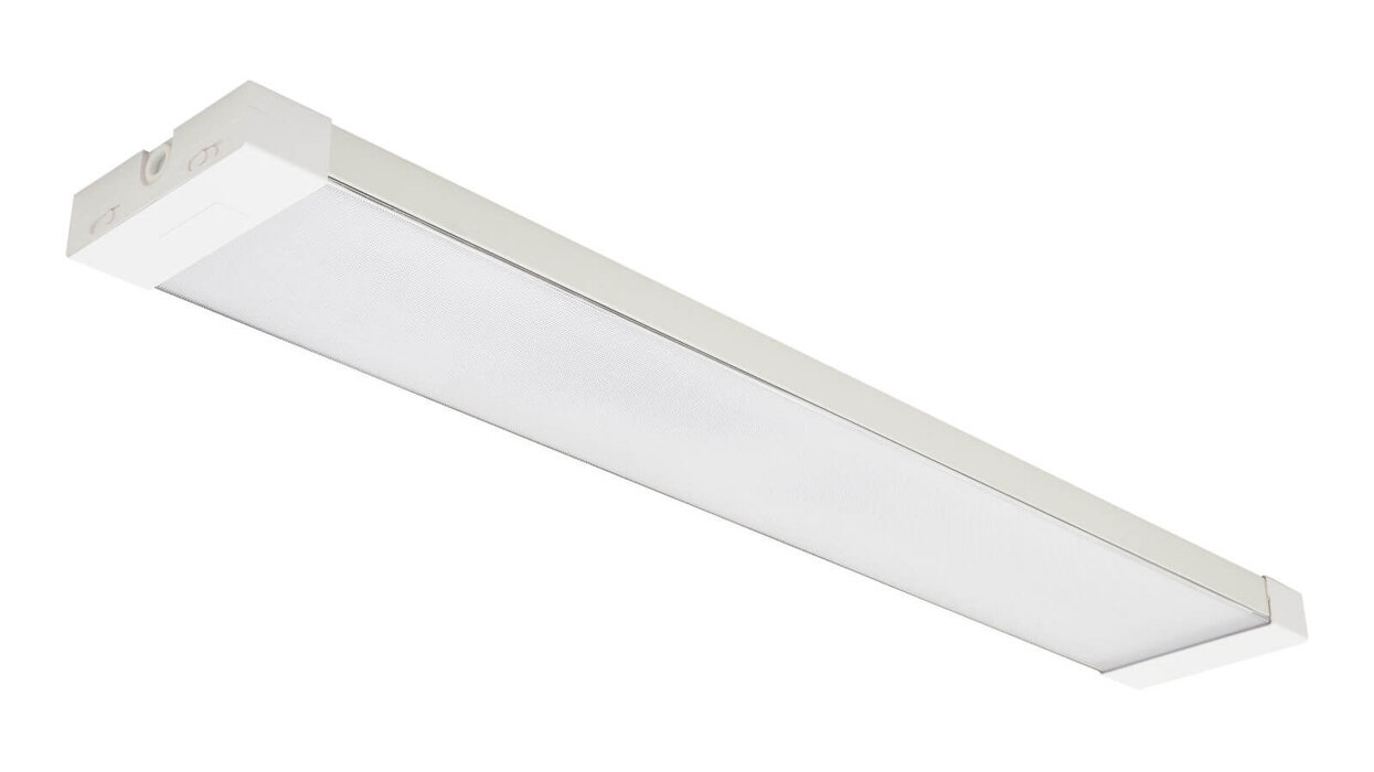 Das Bild zeigt eine schlanke, längliche LED-Deckenleuchte in Weiß mit diffuser Lichtaustrittsfläche vor neutralem Hintergrund.