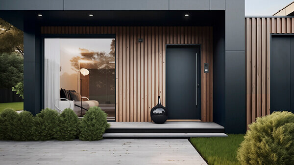 Das Bild zeigt den modernen Eingangsbereich eines Hauses mit Holzfassade, dunkler Tür und großer Fensterfront.