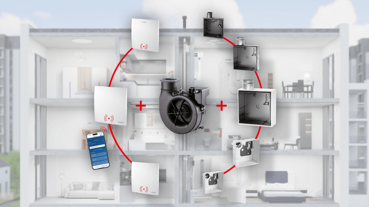 Das Bild zeigt die Komponenten eines zentralen Abluftsystems mit Steuerung, Ventilator und Wandventilen in einem Mehrfamilienhaus.