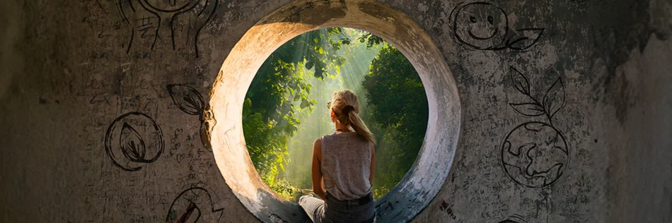Person sind in einem kreisrunden Objekt mit dem Rücken zum Betrachter. Sie blickt in einen Wald.