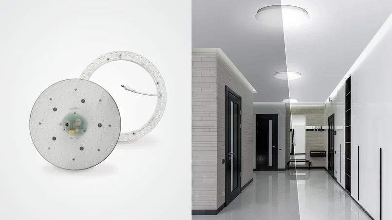Das Bild zeigt links LED-Module für Deckenleuchten und rechts einen modernen Flur mit runden LED-Deckenleuchten, die unterschiedliche Lichtfarben darstellen.