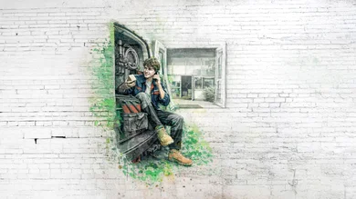 Das Bild zeigt eine auf eine weiße Backsteinwand gemalte Szene, in der ein Handwerker im geöff­neten Transporter sitzt, telefoniert und ein Bauteil in der Hand hält