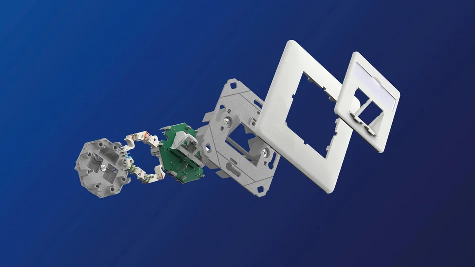 Das Bild zeigt des Aufbau und die Bestandteile der RJ 45 Anschlussdose vor dunkelblauem Hintergrund.