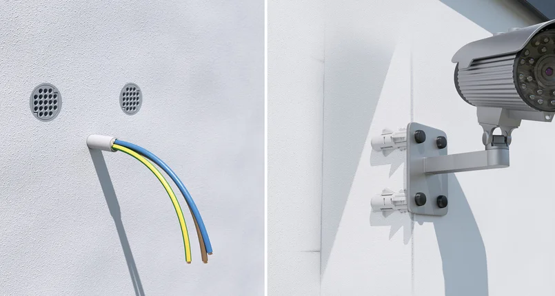Das Bild zeigt zwei Ansichten einer weißen Außenwand. Links sind zwei runde Öffnungen mit Gitterabdeckung und ein aus der Wand kommendes Leerrohr mit drei farbigen elektrischen Leitungen zu sehen. Rechts ist eine Überwachungskamera an der Wand montiert, die mit Hilfe von vier Schrauben und Dübeln auf einem Träger befestigt ist. Die Wand hat eine fein strukturierte Oberfläche.