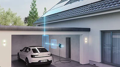 Das Bild zeigt eine Garage, in der ein Auto an einer Wallbox geladen wird. Angrenzend an die Garage ist ein Teil eines Hauses zu sehen. Auf dem Dach des Hauses liegen Solarpaneele. Ein leuchtend blauer Strich verläuft von den Paneelen zur Ladestation. zur Ladestation 