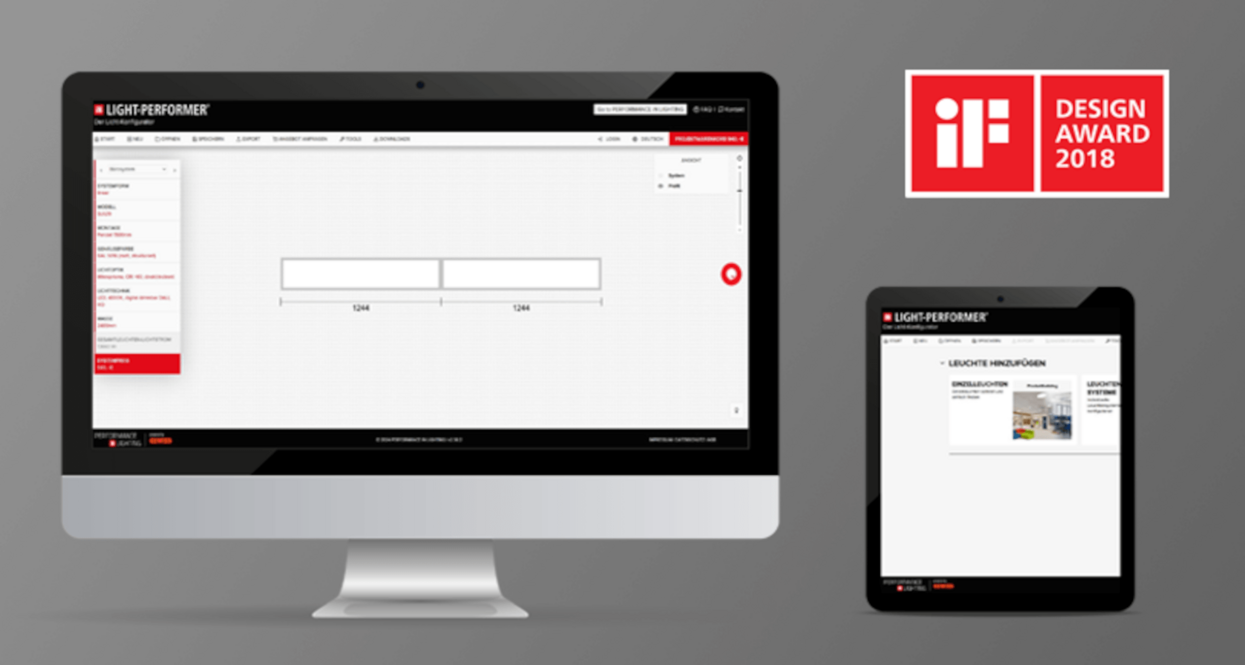 Das Bild zeigt einen grauen Hintergrund mit einem Desktop-Computer links und einem Tablet rechts, auf denen die LIGHT-PERFORMER Software-Oberfläche zu sehen ist, sowie dem roten „iF Design Award 2018“-Logo oben rechts.
