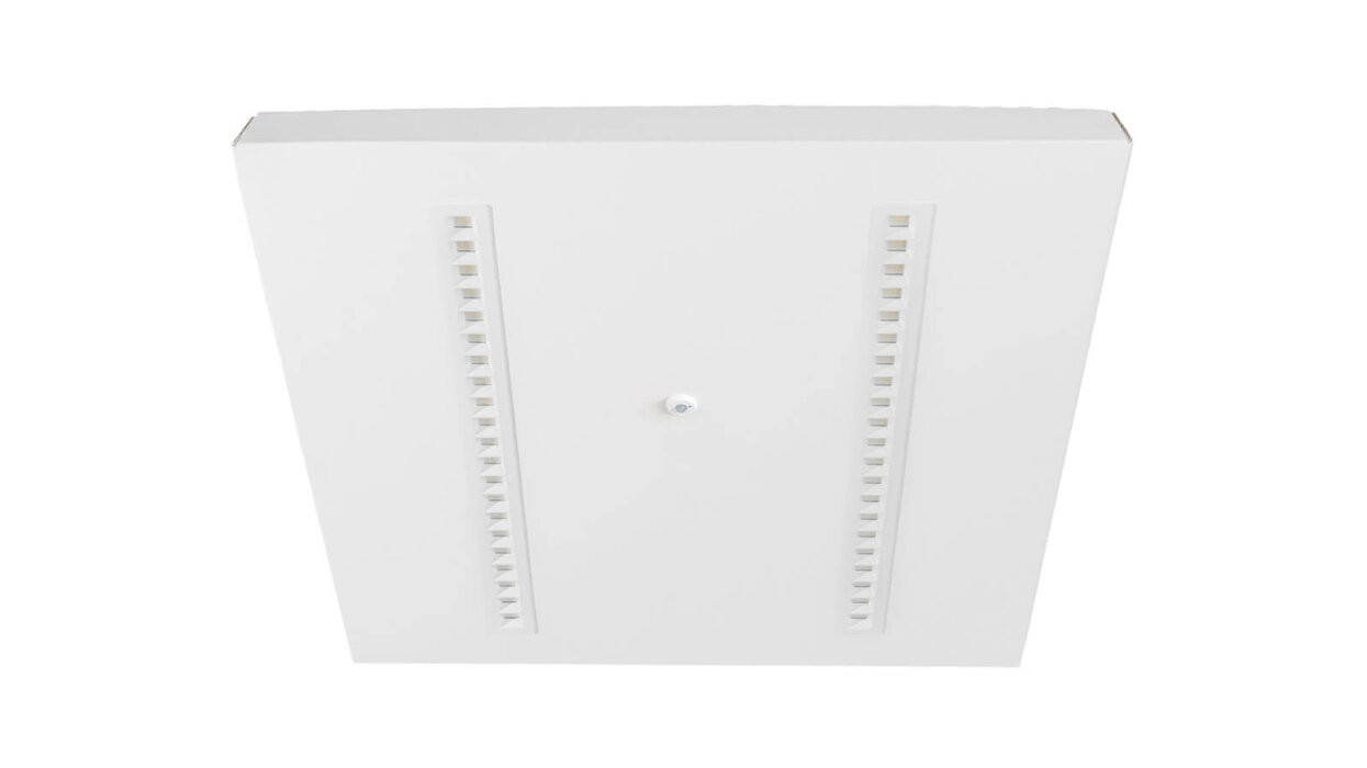 Eine weiße Deckenleuchte vor weißem Hintergrund.