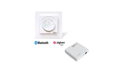 Das Bild zeigt ein digitales Thermostat der Marke DEVI mit der Anzeige "25.5", ein dazugehöriges Steuergerät sowie die Logos für Bluetooth und Zigbee.