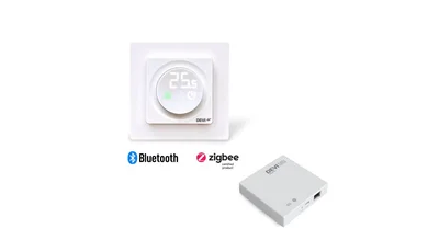 Das Bild zeigt ein digitales Thermostat der Marke DEVI mit der Anzeige "25.5", ein dazugehöriges Steuergerät sowie die Logos für Bluetooth und Zigbee.
