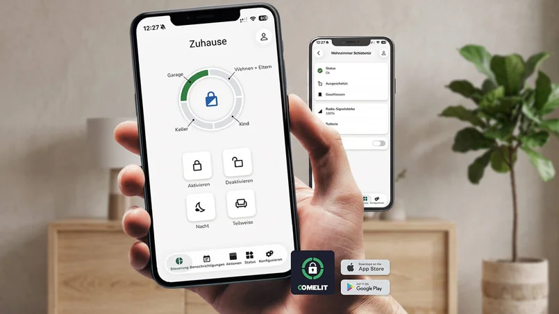 Smartphone-App zur Steuerung und Überwachung einer Comelit-Sicherheitsanlage mit verschiedenen Scharfschaltmodi und Statusanzeigen.