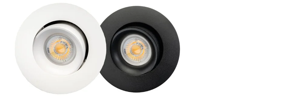 Das Bild zeigt eine weiße und eine schwarze Einbauleuchte Junistar Bio nebeneinander. Der Bildhintergrund ist weiß.