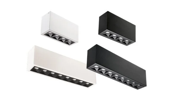 Das Bild zeigt die Leuchte Inspire S in 2 Größen jeweils in den Farben schwarz und weiß