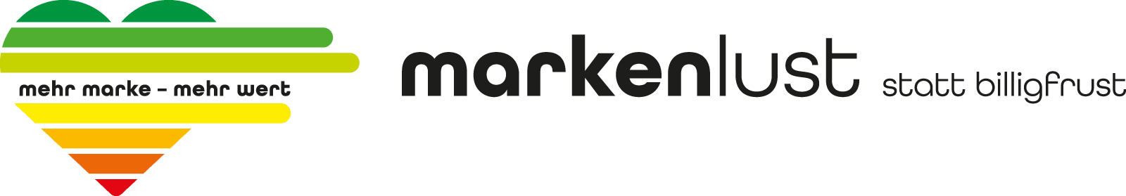 Grafisches Motiv mit einem stilisierten Herz in Grün-, Gelb-, Orange- und Rottönen sowie den Schriftzügen „mehr marke – mehr wert“ und „markenlust statt billigfrust“ auf hellem Hintergrund.